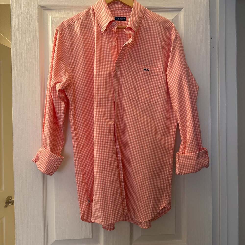 Fish Hippie Tailored Fit Long Sleeve Button Shirt Mens Small S Pink Gingham